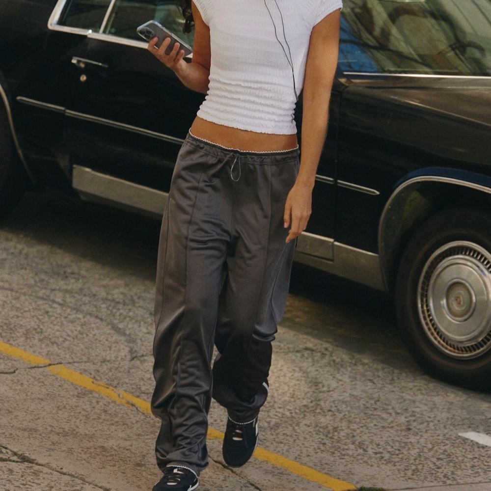Free People Satin Track Joggers in Charcoal Gray